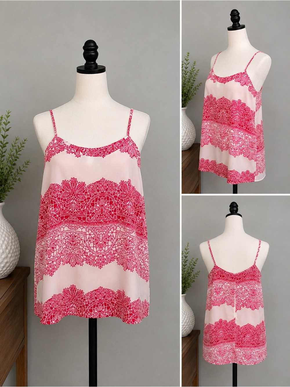 Blue Rain Pink White Lace Print Open Back Cami Top Size Small Boho Resort